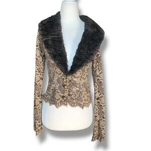 Y2K Ann Ferriday Brown Gold Lace Jacket Faux Fur Collar Victorian Boho Romantic